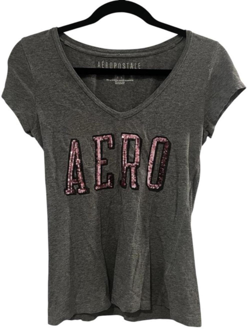 Aeropostale Women's Gray V-Neck 'AERO' Sequin Logo Tee
